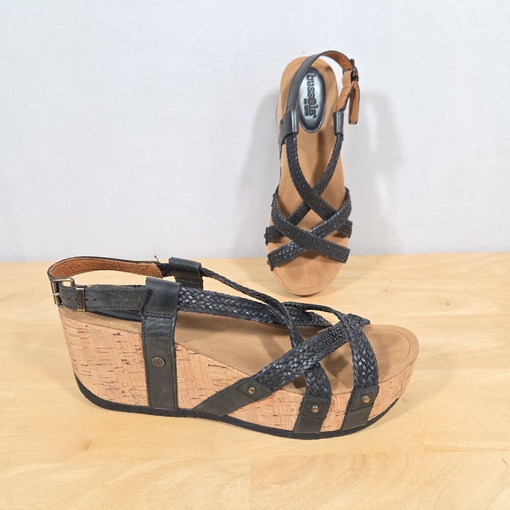 Bussola Wedge Sandals Women's US 10-10.5 EU 39 Strappy Black Cross Straps Boho